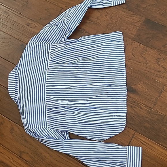 CAbi Blue and White Striped Button-up Crop Shirt size Medium - Picture 2 of 9